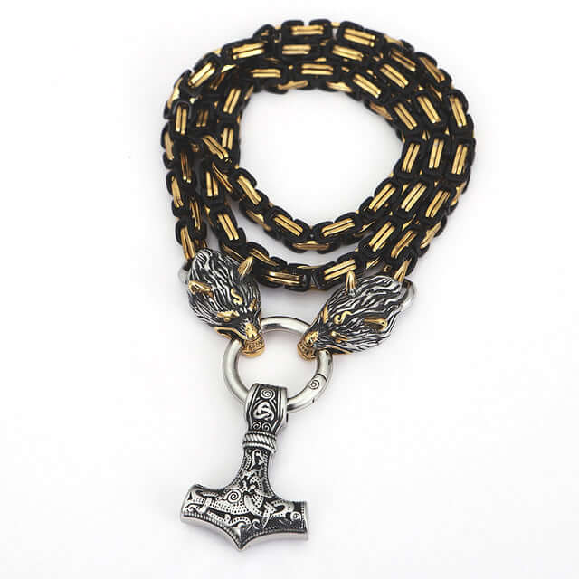 Gold and Black Decorated King’s Chain with Wolves and Mjolnir Pendant