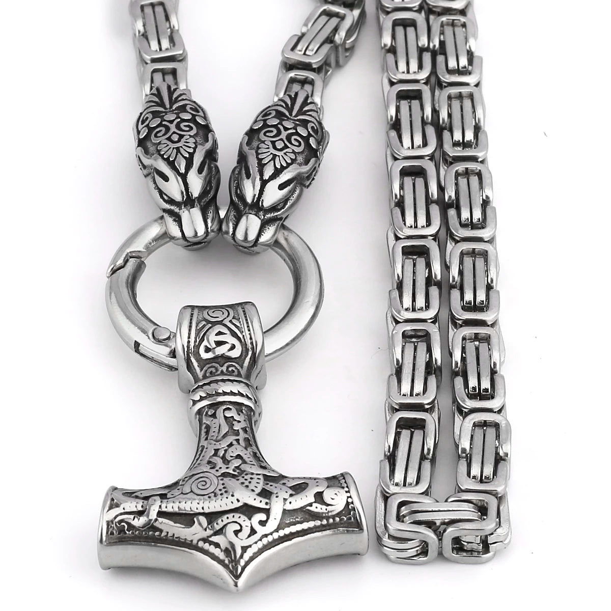KING CHAIN WITH TWO TIGER HEADS HOLDING MJOLNIR PENDANT
