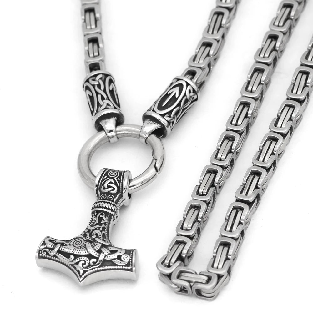 KING CHAIN WITH TIWAZ RUNE AND MJOLNIR PENDANT