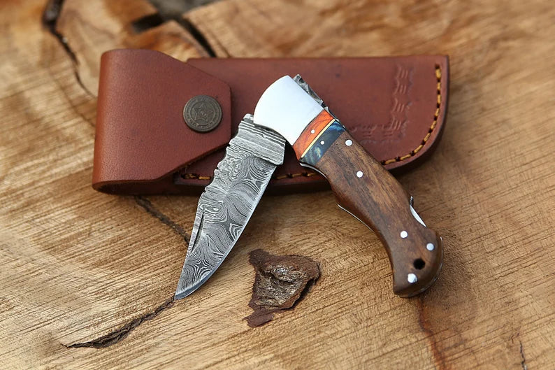 LAGERTHA HAND-FORGED FOLDING POCKET KNIFE WITH WOOD HANDLE AND LEATHER SHEATH