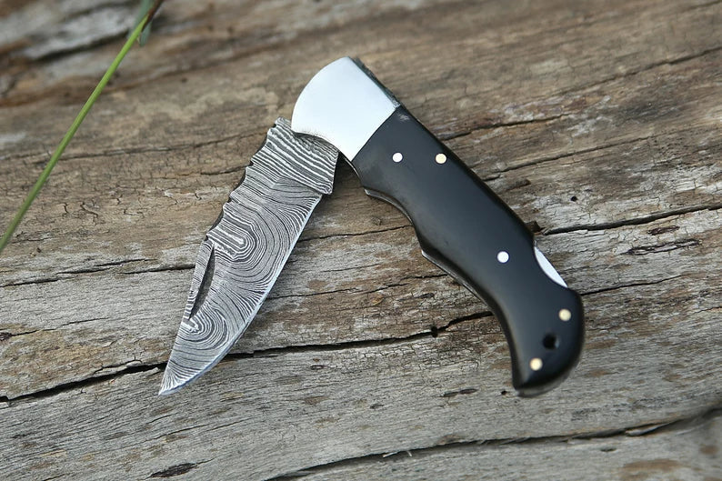 LAGERTHA HAND-FORGED FOLDING POCKET KNIFE WITH WOOD HANDLE AND LEATHER SHEATH