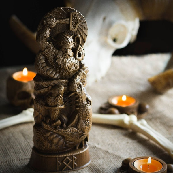 THOR IN BATTLE WITH JORMUNGAND SCULPTURE, NORDIC GOD WOOD CARVING STATUE