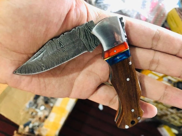 LAGERTHA HAND-FORGED FOLDING POCKET KNIFE WITH WOOD HANDLE AND LEATHER SHEATH