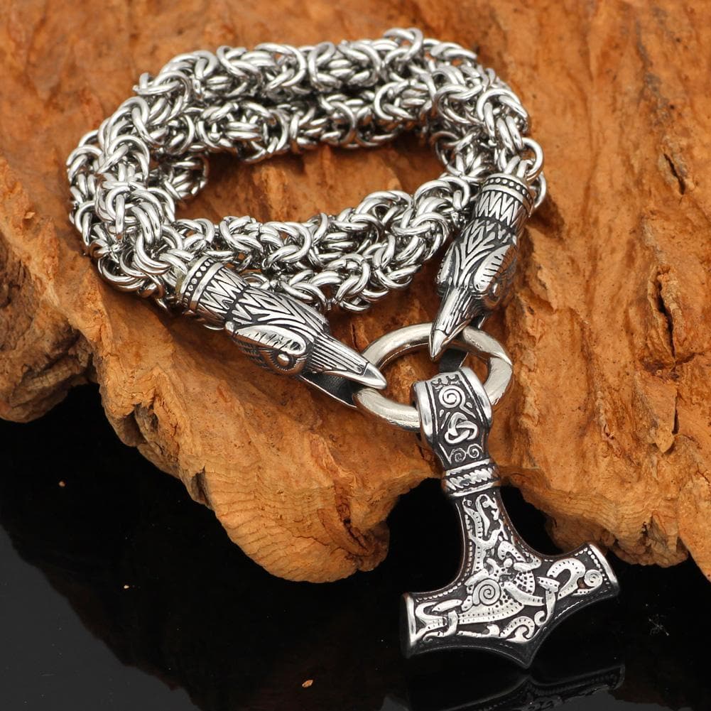KING CHAIN WITH ODIN'S RAVEN & THOR'S HAMMER PENDANT
