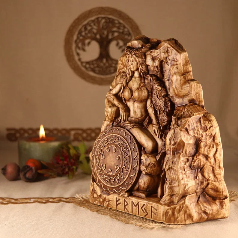 Handcrafted Freya Viking Wood Statue