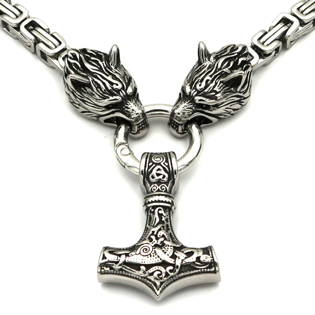 KING CHAIN WITH MJOLNIR PENDANT HELD BY WOLF HEADS