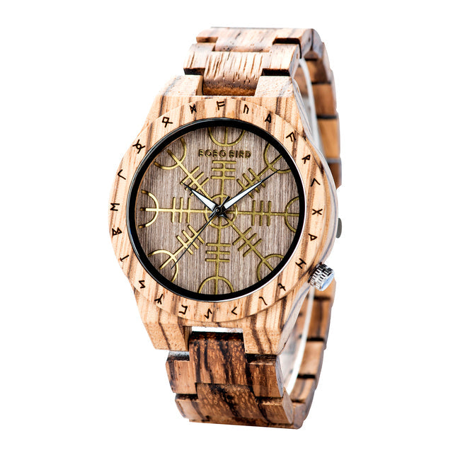 WOODEN VIKING WATCH WITH HELM OF AWE DESIGN