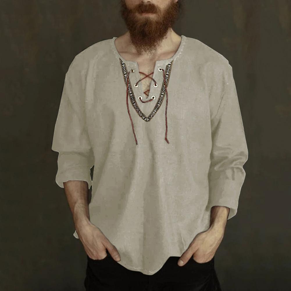 LONG-SLEEVED V-NECK LINEN VIKING SHIRT WITH LACE-UP