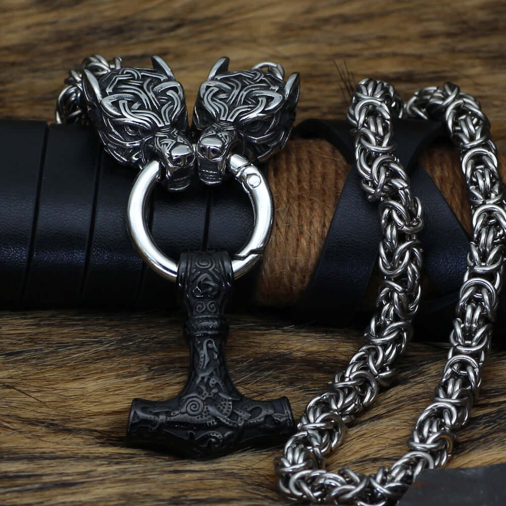 Braided King’s Chain with Two Wolf Heads Holding a Mjolnir Pendant