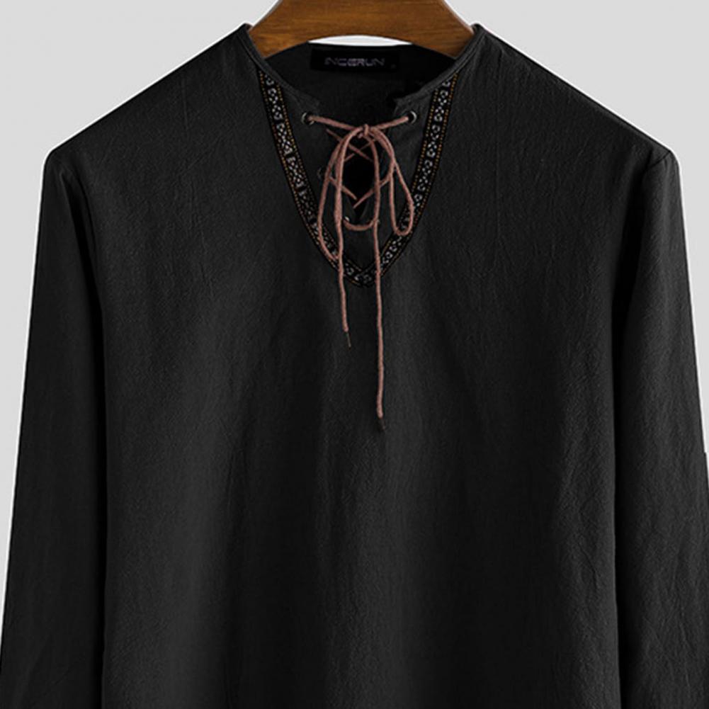 LONG-SLEEVED V-NECK LINEN VIKING SHIRT WITH LACE-UP