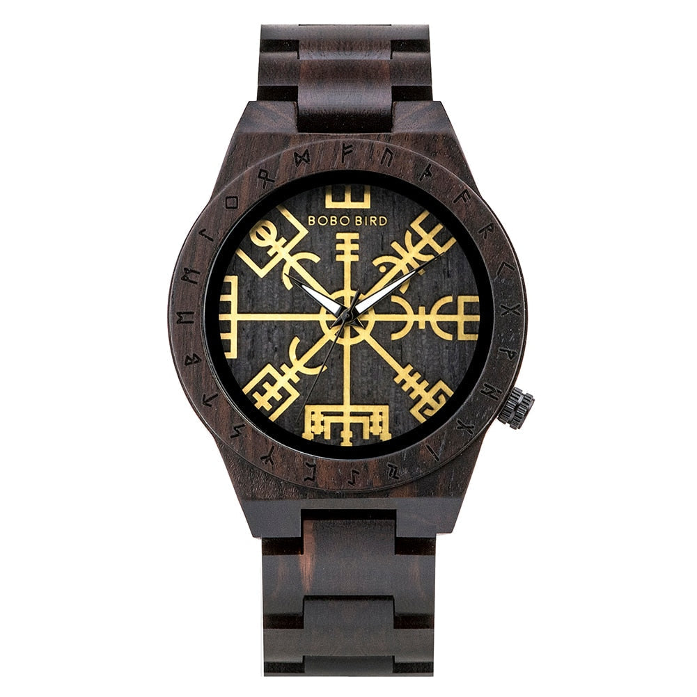 WOODEN VIKING WATCH - VEGVISIR SYMBOL