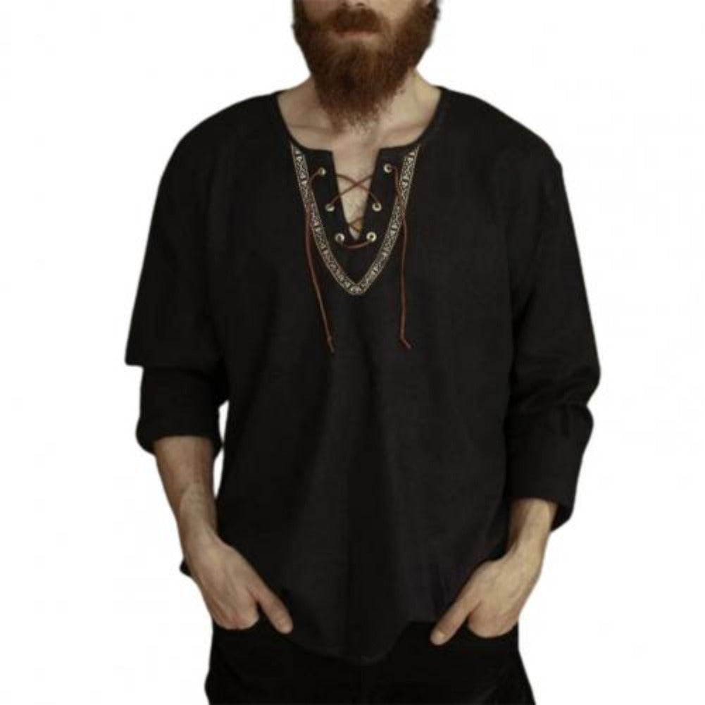 LONG-SLEEVED V-NECK LINEN VIKING SHIRT WITH LACE-UP