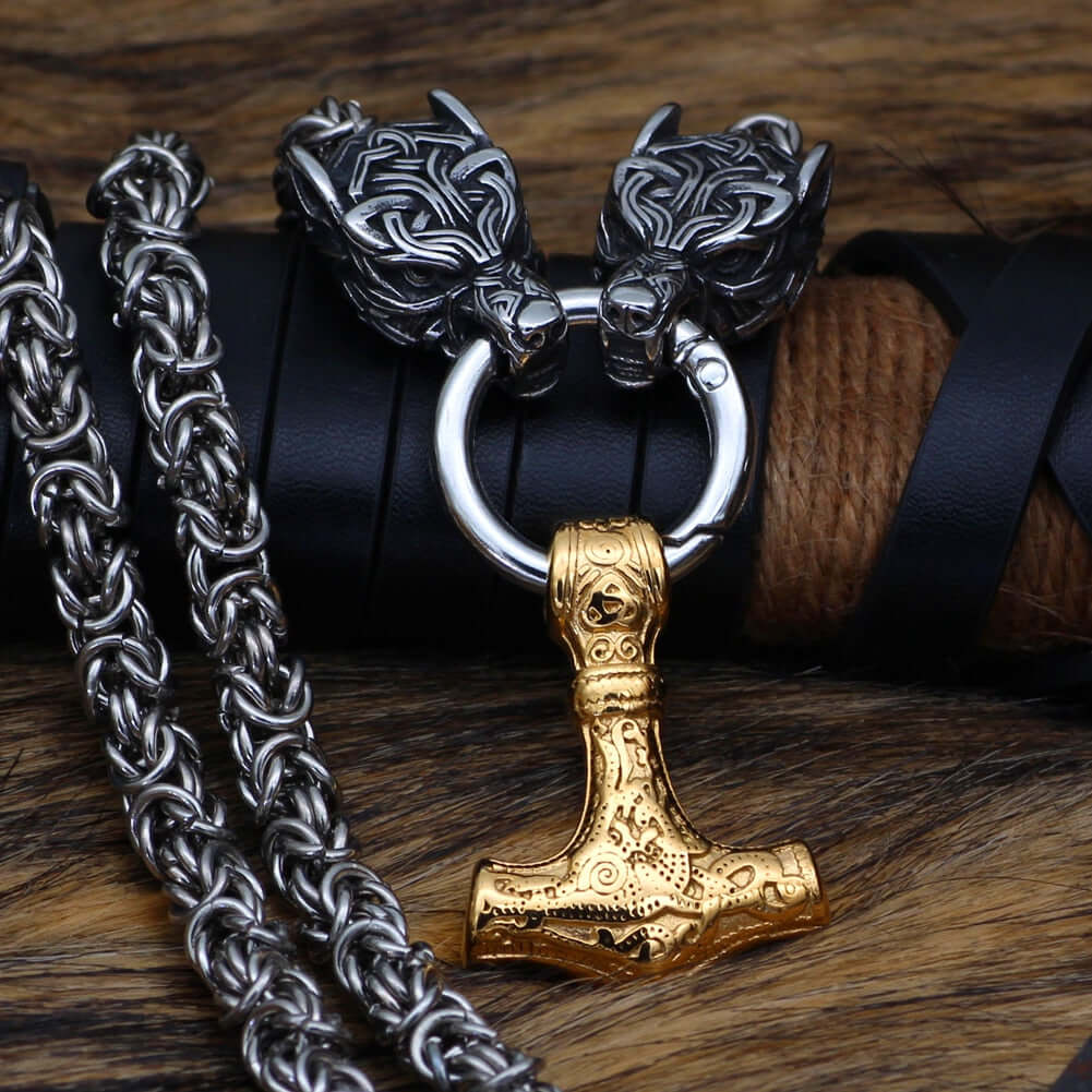 BLACK BRAIDED KING'S CHAIN WITH TWO WOLF HEADS AND GOLDEN MJOLNIR PENDANT