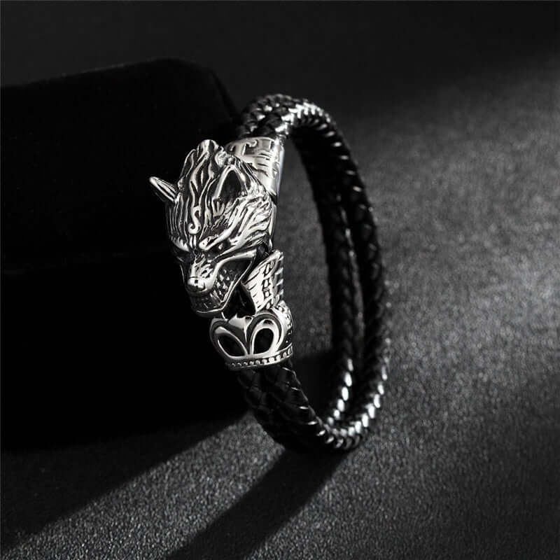 FENRIR WOLF DOUBLE BRAIDED LEATHER BRACELET