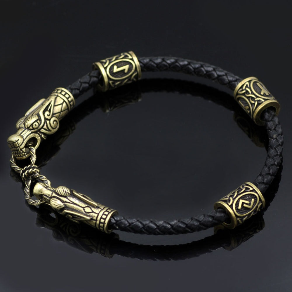 NORDIC VIKING LEATHER BRACELET WITH DRAGON HEADS