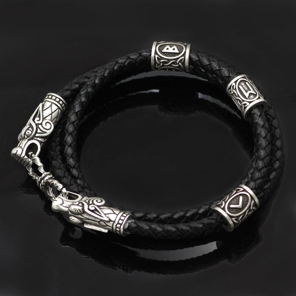 NORDIC VIKING LEATHER BRACELET WITH DRAGON HEADS