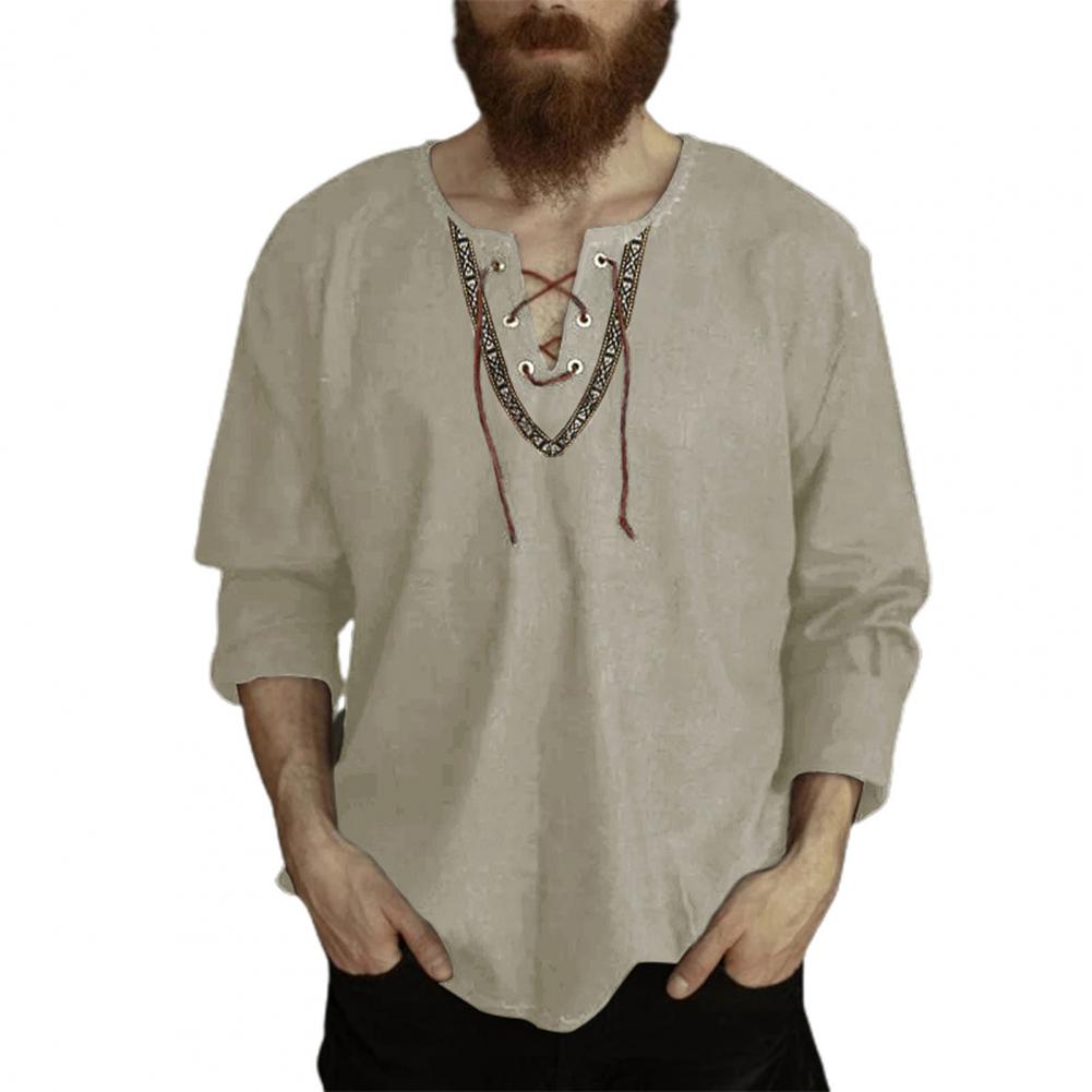 LONG-SLEEVED V-NECK LINEN VIKING SHIRT WITH LACE-UP