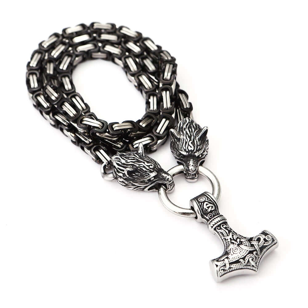 BLACK KING CHAIN - WITH WOLF'S HEADS & MJÖLNIR PENDANT