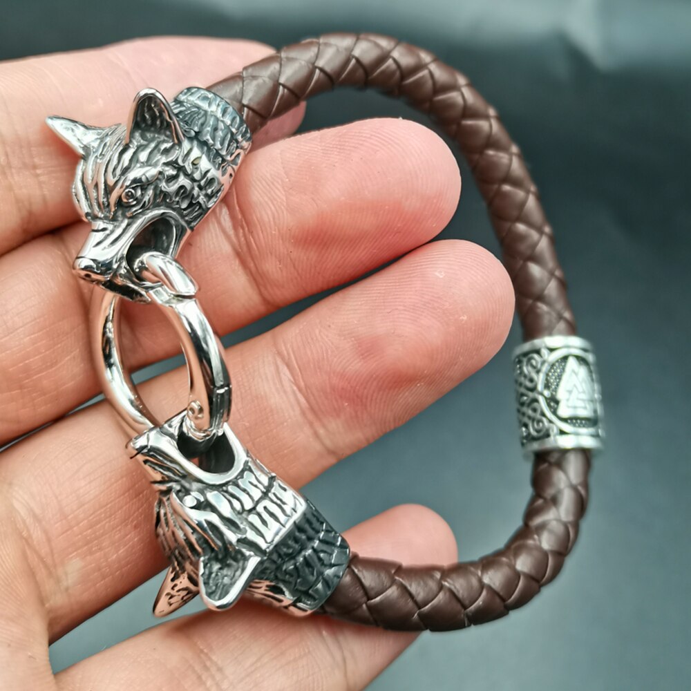 LEATHER BRACELET - WOLF HEADS AND A VALKNUT BEAD