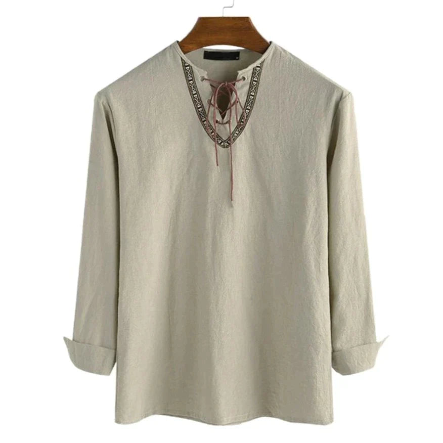 LONG-SLEEVED V-NECK LINEN VIKING SHIRT WITH LACE-UP