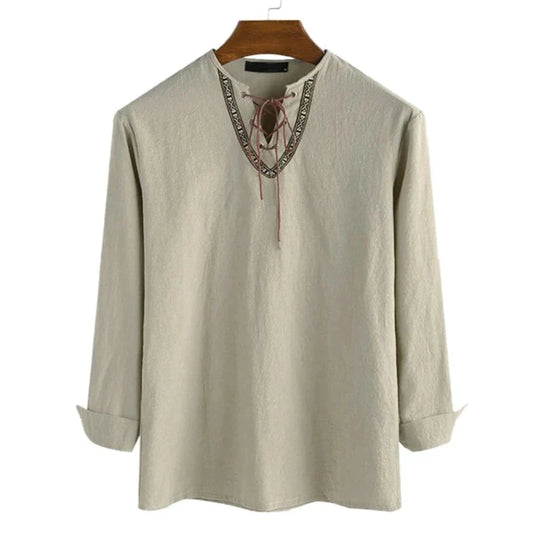 LONG-SLEEVED V-NECK LINEN VIKING SHIRT WITH LACE-UP