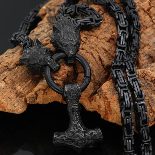 BLACK KING CHAIN - WITH WOLF'S HEADS & MJÖLNIR PENDANT