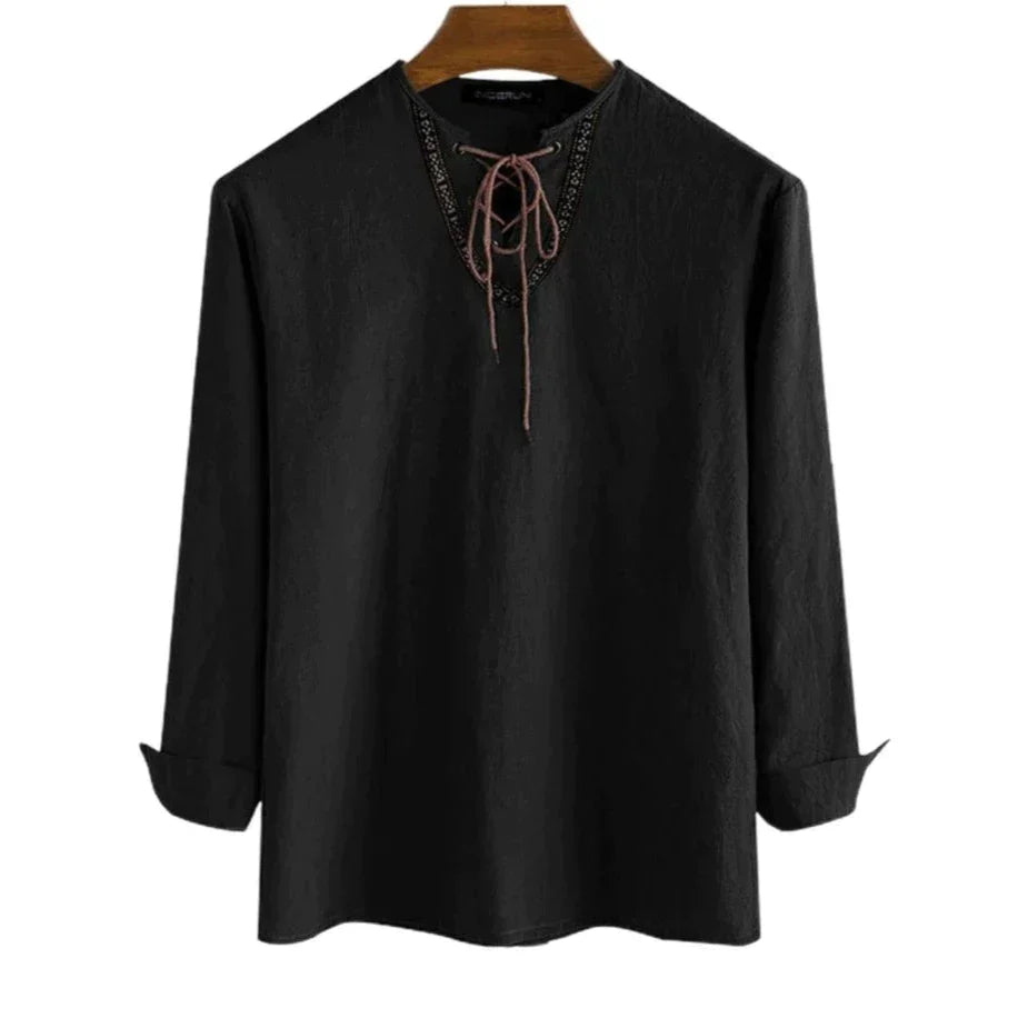 LONG-SLEEVED V-NECK LINEN VIKING SHIRT WITH LACE-UP