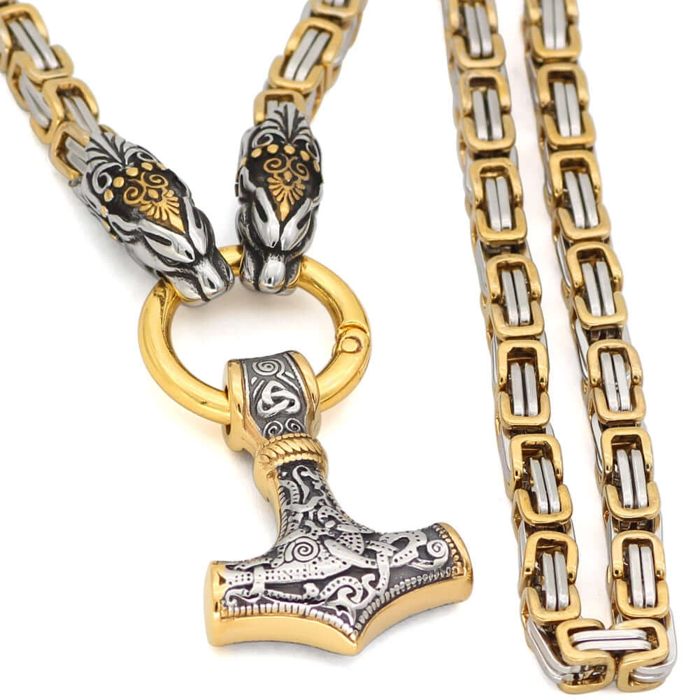 Gold-Trimmed King’s Chain with Two Tiger Heads and Mjolnir Pendant