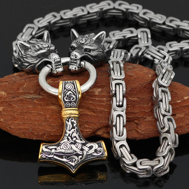 KING CHAIN WITH TWO WOLF HEADS AND GOLD-ACCENTED MJOLNIR PENDANT