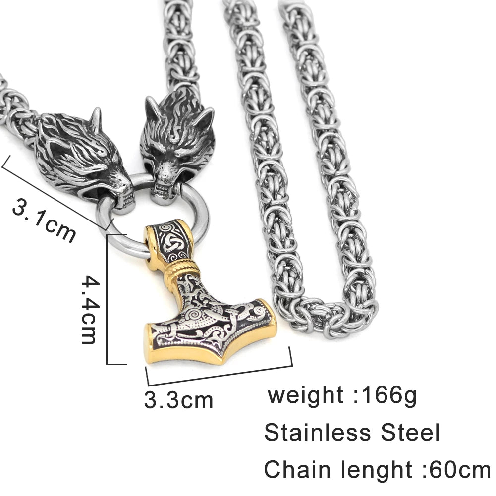 KING CHAIN WITH TWO WOLF HEADS AND GOLD-ACCENTED MJOLNIR PENDANT