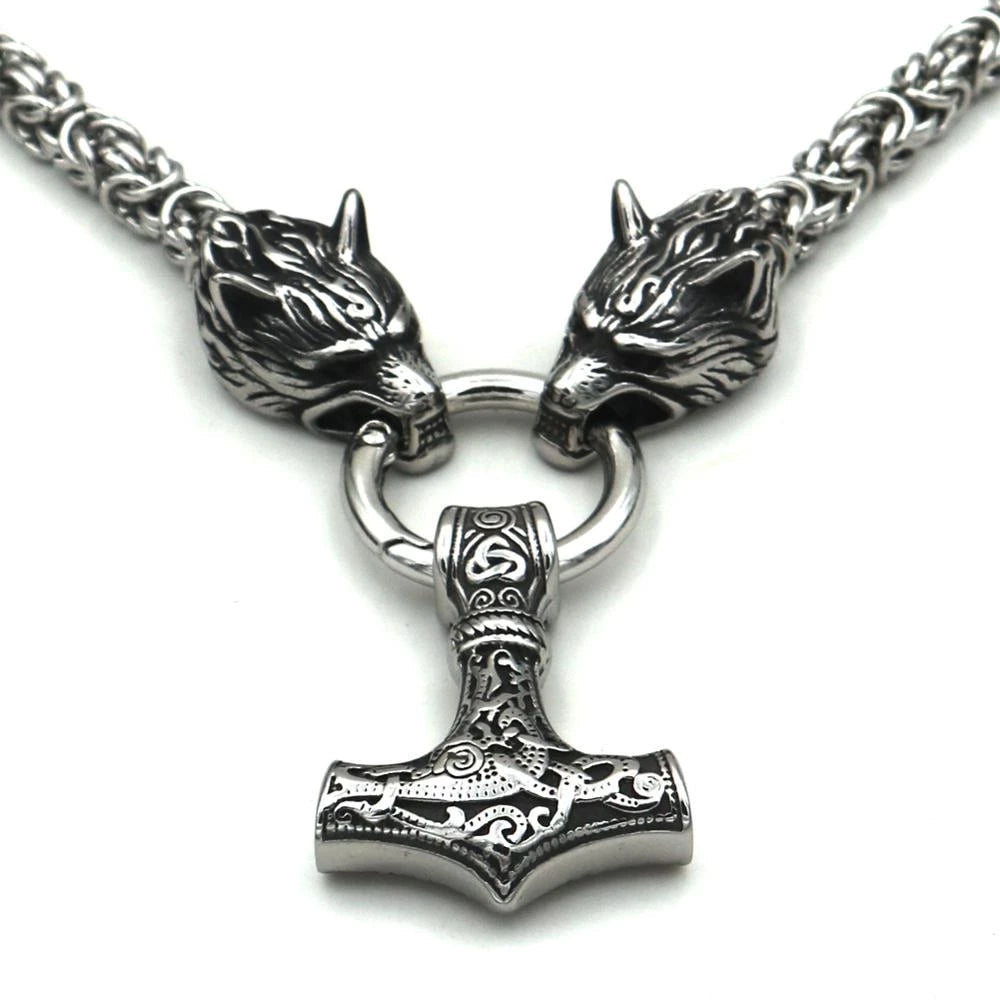 KING CHAIN WITH MJOLNIR PENDANT HELD BY WOLF HEADS