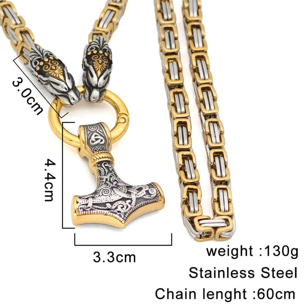 Gold-Trimmed King’s Chain with Two Tiger Heads and Mjolnir Pendant