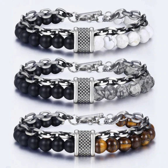 MEN'S VIKING BEADED BRACELET WITH GUNMETAL CHAIN LINKS