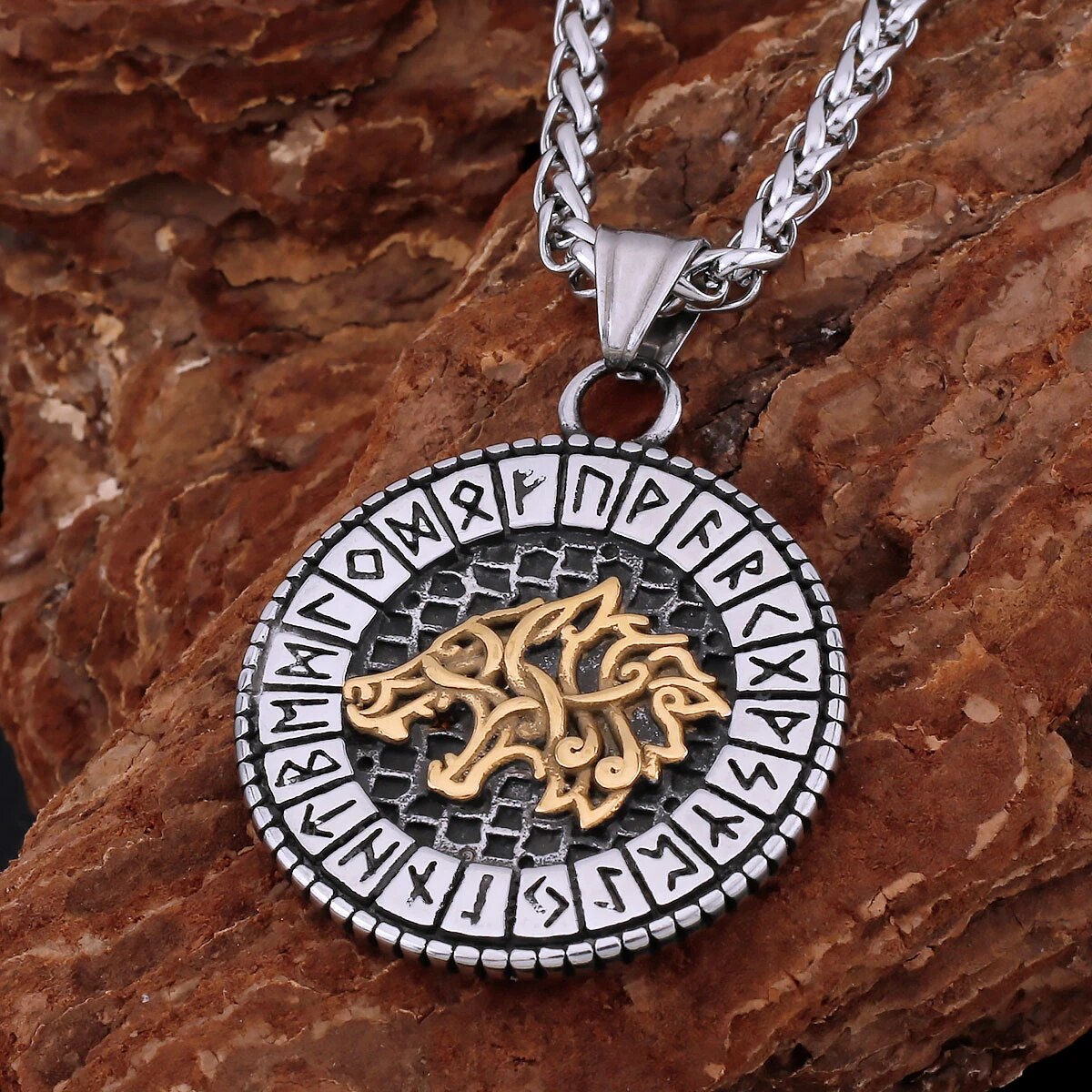 VIKING NECKLACE - GOLDEN WOLF RUNIC CIRCLE