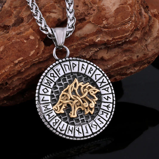 VIKING NECKLACE - GOLDEN WOLF RUNIC CIRCLE