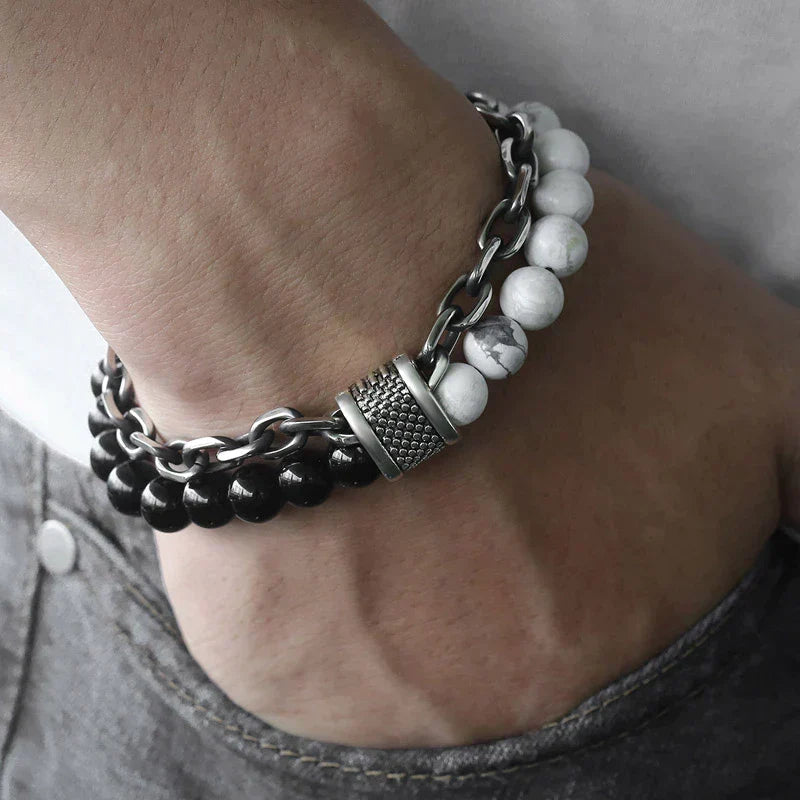 MEN'S VIKING BEADED BRACELET WITH GUNMETAL CHAIN LINKS