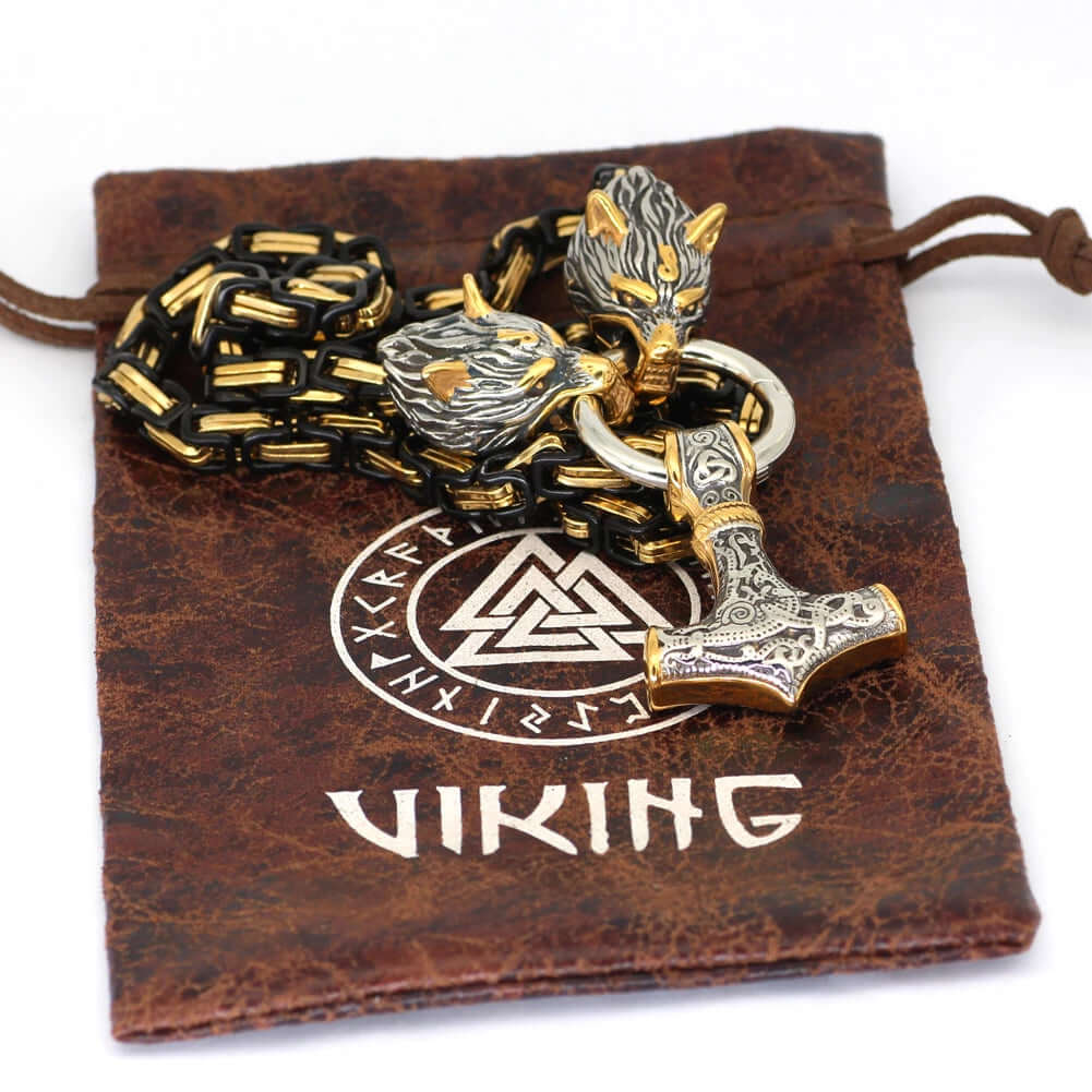 Gold and Black Decorated King’s Chain with Wolves and Mjolnir Pendant