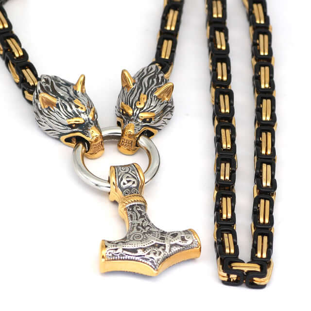 Gold and Black Decorated King’s Chain with Wolves and Mjolnir Pendant