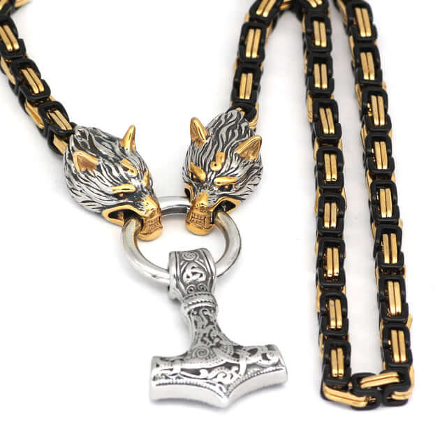 Gold and Black Decorated King’s Chain with Wolves and Mjolnir Pendant