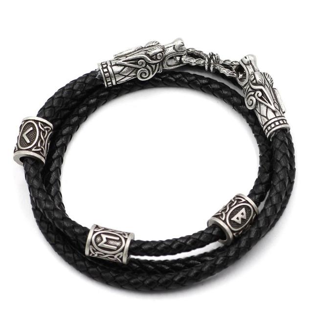 NORDIC VIKING LEATHER BRACELET WITH DRAGON HEADS