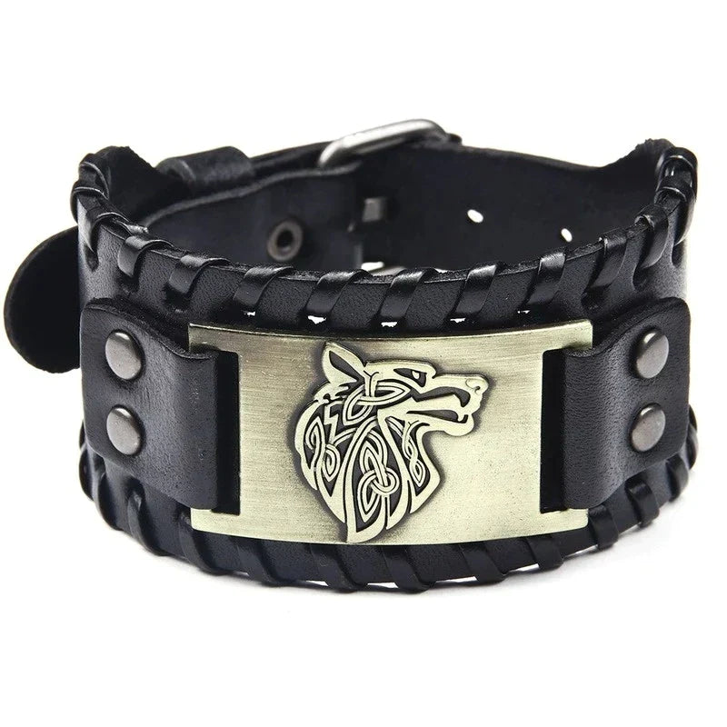 NORDIC WOLF'S HEAD LEATHER BRACELET