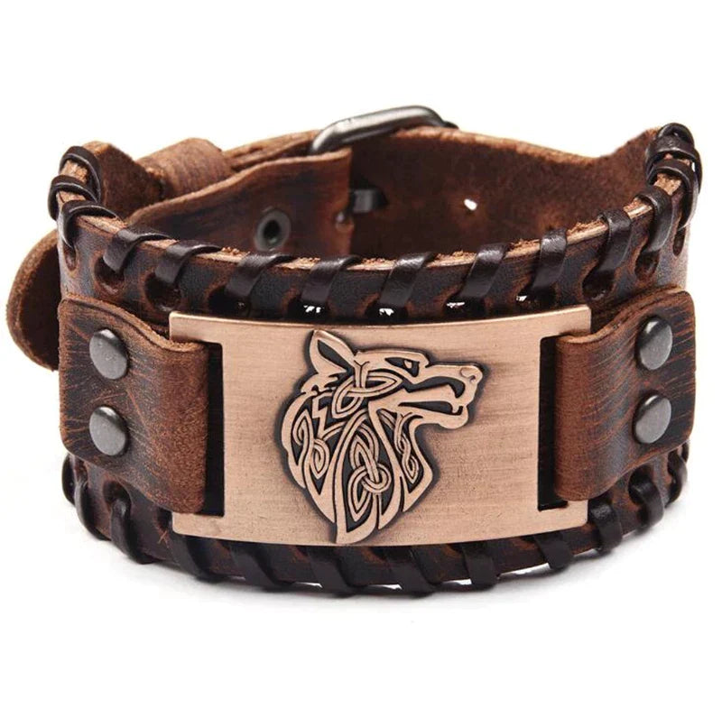 NORDIC WOLF'S HEAD LEATHER BRACELET