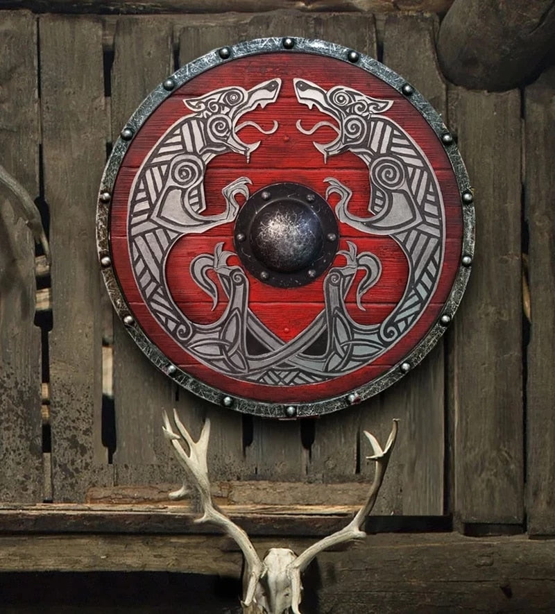 ODIN'S WOLVES VIKING BATTLE SHIELD - WOODEN WALL DECOR WITH BATTLE MARKS