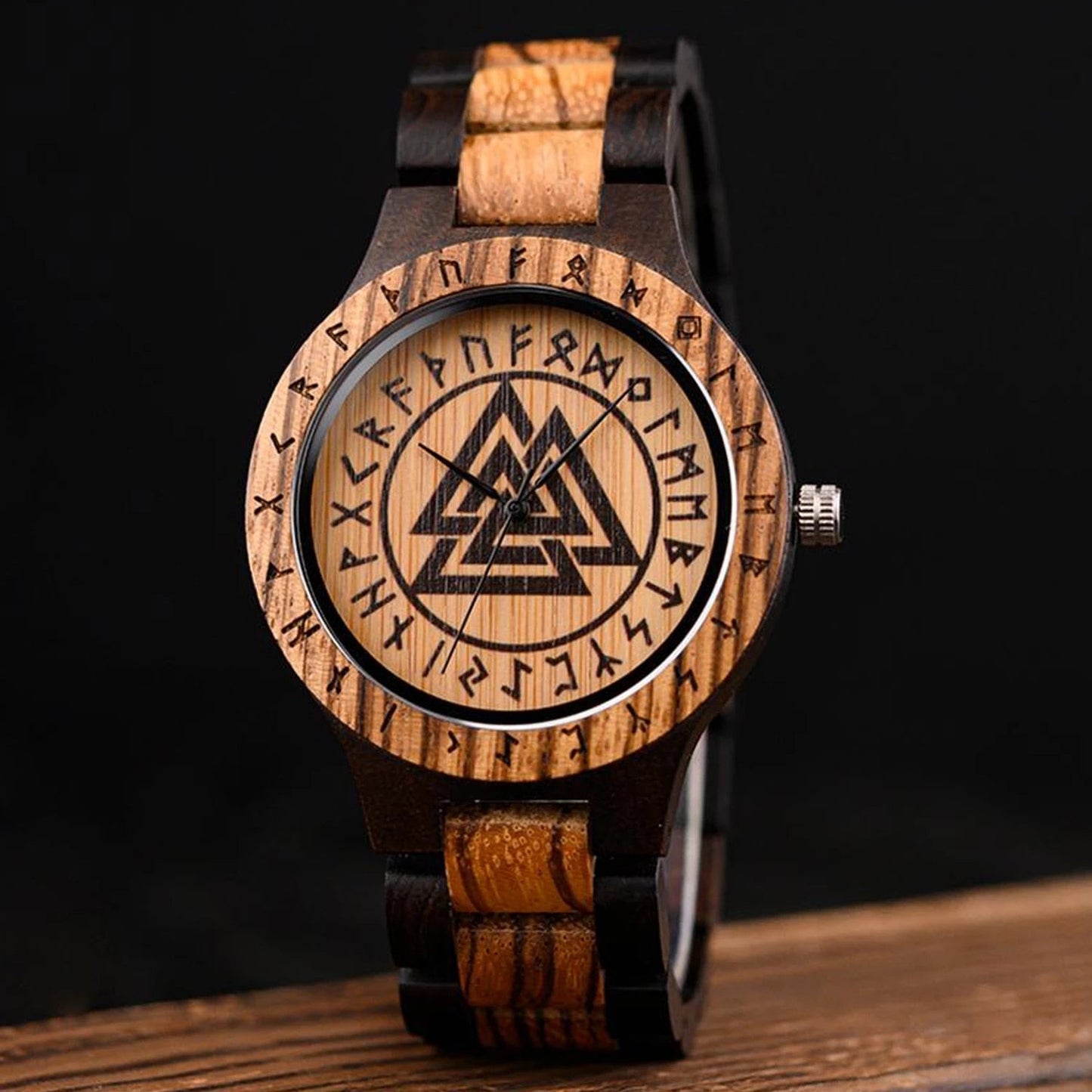 WOODEN WATCH WITH VALKNUT SYMBOL