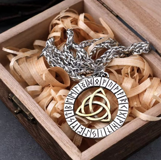 VIKING NECKLACE - GOLDEN TRIQUETRA RUNIC CIRCLE