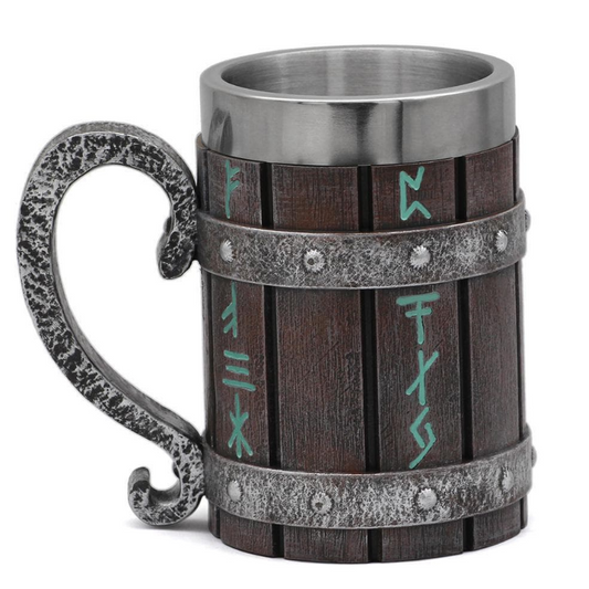 VIKING RUNES TANKARD WITH WOODEN BODY DESIGN - 600ML