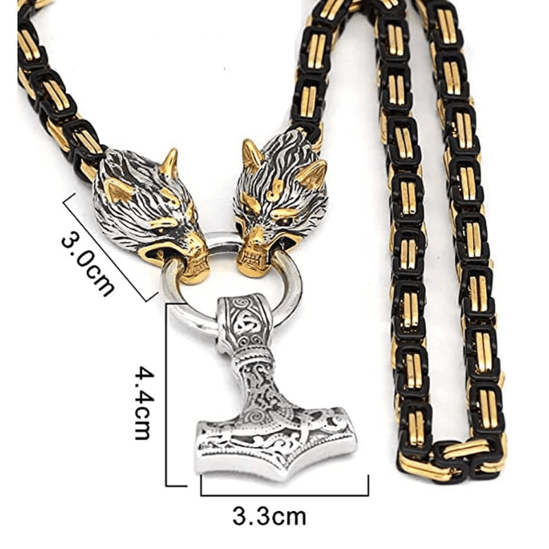 Gold and Black Decorated King’s Chain with Wolves and Mjolnir Pendant