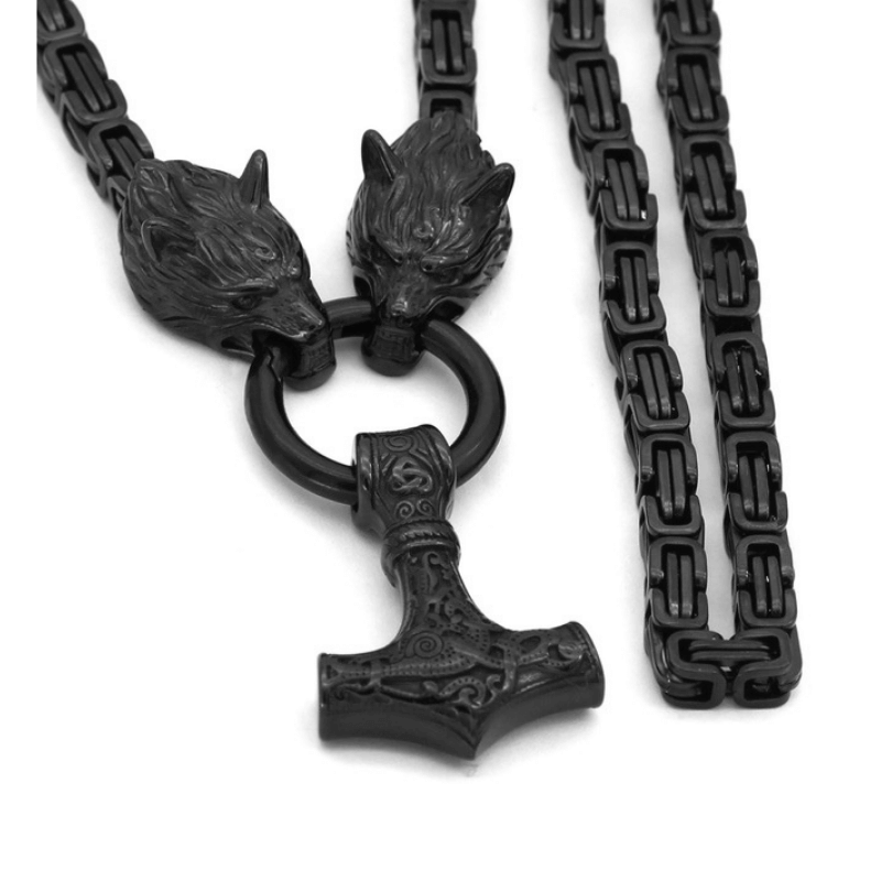 BLACK KING CHAIN - WITH WOLF'S HEADS & MJÖLNIR PENDANT