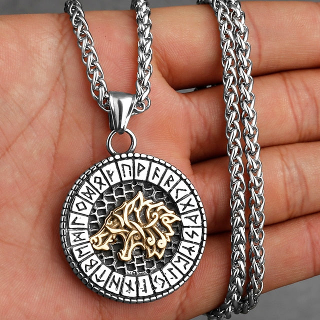 VIKING NECKLACE - GOLDEN WOLF RUNIC CIRCLE