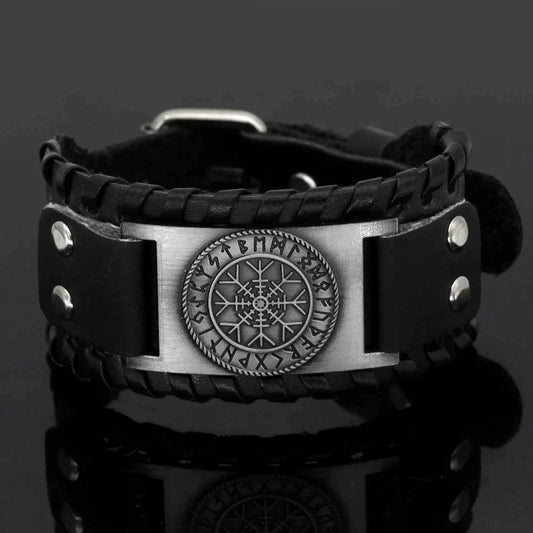 Helm of Awe Rune Circle - Viking Leather Bracelet